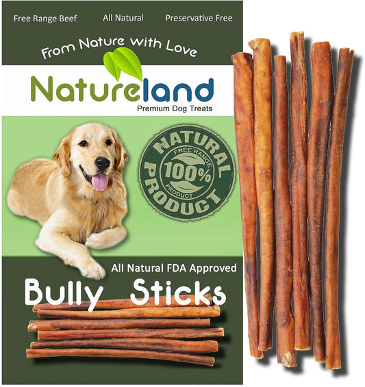 Natureland 6" Bully Sticks Standard Thickness - All-Natural, Free-Range, Grass-Fed, 100% Beef Dog Chews (6" Standard Thickness - 10Pcs/20Pcs/100Pcs Pack)