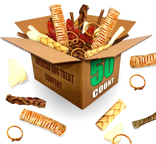 50-Piece Premium Dog Chew Assortment - Natural & Long-Lasting Treats | Includes Beef Ears, Bully Sticks, Collagen Sticks, Trachea Bones & More