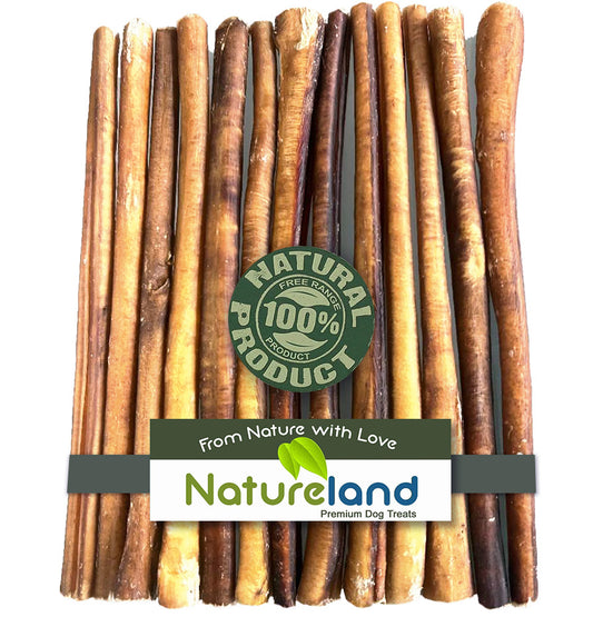 Natureland 12" Bully Sticks Thin - All-Natural, Free-Range, Grass-Fed, 100% Beef Dog Chews (12" Bully Sticks Thin - 10Pcs/20Pcs/100Pcs Pack)