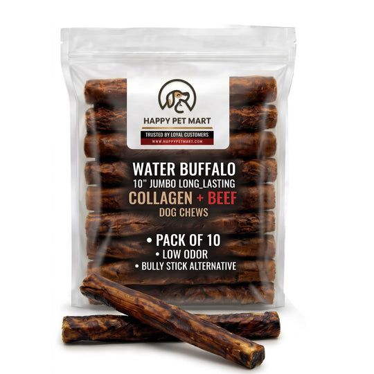 Happy Pet Mart 10" Water Buffalo Collagen+ | Available in 3 Variations: Collagen + Beef, Collagen + Duck, Collagen + Salmon (10 Pack) | Long-lasting and Natural