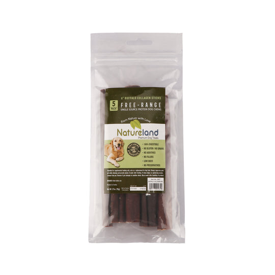 Natureland Natural 6" Buffalo Collagen Sticks for Dogs - Healthy Long Lasting Alternative to Traditional Rawhide - High Protein Low Fat Dental Treats - 10 Pack